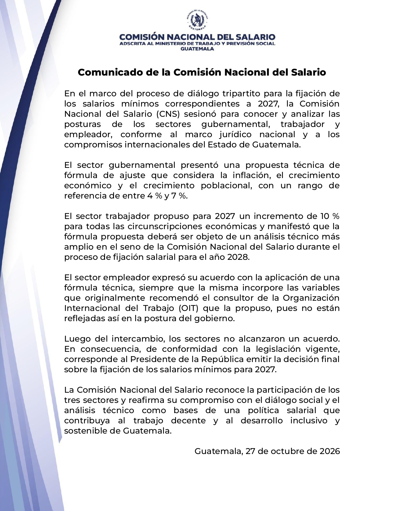 Comunicado de la Comisión Nacional del Salario